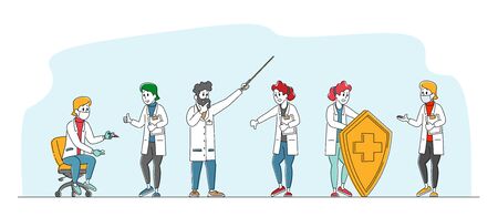 Hospital Healthcare Staff, Doctors in Medical Robe with Syringe, and Clip Boards. Characters in Uniform Holding Huge Shield. Clinic, Medicine Profession, Occupation. Linear People Vector Illustrationのイラスト素材