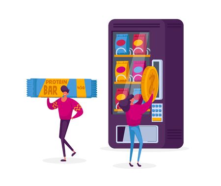 Vending Machine Food Concept. Girl Character Put Coin for Buying Various Snacks, Crackers and Crisp from Automate, Retail Technology for Selling Fastfood Production Cartoon People Vector Illustrationのイラスト素材