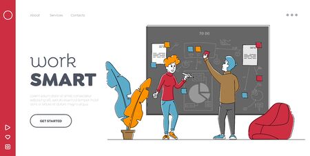 Agile Software Development and Kanban Technology Landing Page Template. Business People Charactersのイラスト素材
