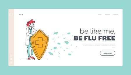 Medical Vaccination Landing Page Template. Female Doctor Character Hold Shield. Vaccine Protecting from Microbes. Drug for Treating Viruses Illness, Health Immunization. Linear Vector Illustrationのイラスト素材