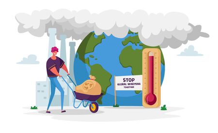 Man Character Pushing Wheelbarrow with Garbage Sack for Recycling Passing Huge Thermometer with High Temperature on Earth. Environment Nature Pollution, Global Warming. Cartoon Vector Illustrationのイラスト素材