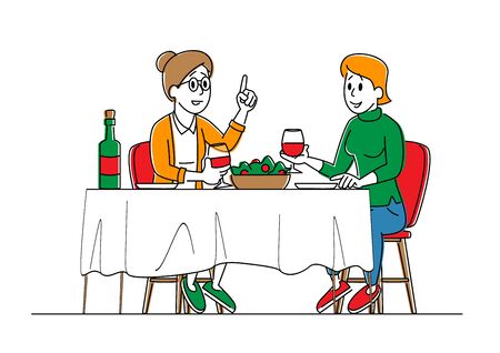 Couple of Young and Senior Women Sitting at Table with Food Drinking Beverages and Communicating at Home. Female Characters Chatting, Having Feast Leisure, Sparetime Linear People Vector Illustrationのイラスト素材