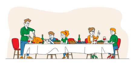 Big Family Feast, Thanksgiving Celebration Dinner at Table with Food. Happy People Eating Turkey Meal and Talking Together, Cheerful Characters Group During Festive Lunch. Linear Vector Illustrationのイラスト素材