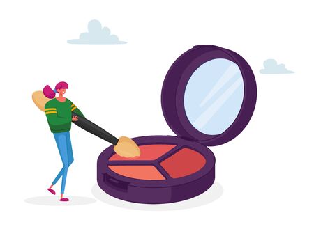 Tiny Female Character Testing Huge Eyeshadow Palette. Face Care Cosmetics Product Masterclassのイラスト素材