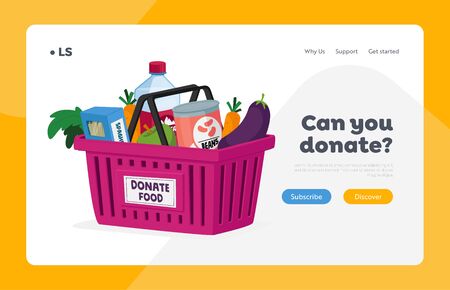 Food Donation, Charity and Humanitarian Aid Landing Page Template. Shopping Cart Full of Grocery Productionのイラスト素材