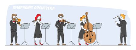 Symphony Orchestra Playing Classical Music Concert. Conductor and Musicians Characters with Instrumentsのイラスト素材