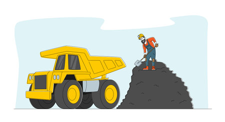 Miner Character Loading Coal with Shovel into Truck. Quarry Transport and Technique, Extraction Industry. Coal Mining Occupation, Working Equipment, Transportation Technics. Linear Vector Illustrationのイラスト素材