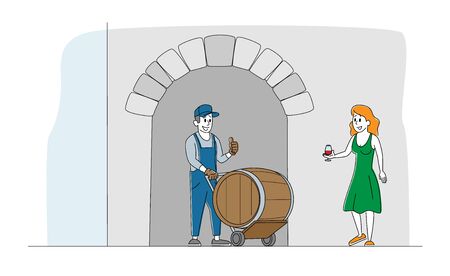 Man Worker and Woman Character Stand at Wooden Barrel. Girl Hold Wineglass Watching on Red Wine and Smile, Alcohol Drink Tasting on Vineyard, Winery, Winemaking. Linear People Vector Illustrationのイラスト素材
