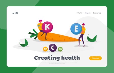 Healthy Food Choice Landing Page Template. Vitamins in Products, Organic Greenery and Vegetables. Young Characters Sitting at Huge Carrot Holding Vitamin Balls. Cartoon People Vector Illustrationのイラスト素材