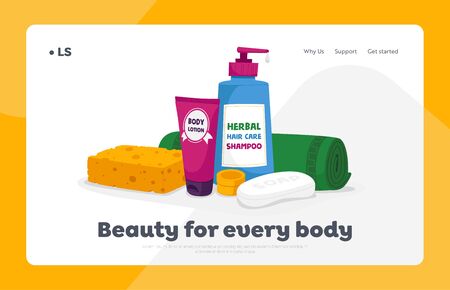 Cosmetic Products Landing Page Template. Bath Cosmetics and Toiletries Accessories Body Lotion, Herbal Hair Care Shampoo and Soap Bar with Sponge, Rolled Towel, Cosmetics. Cartoon Vector Illustrationのイラスト素材