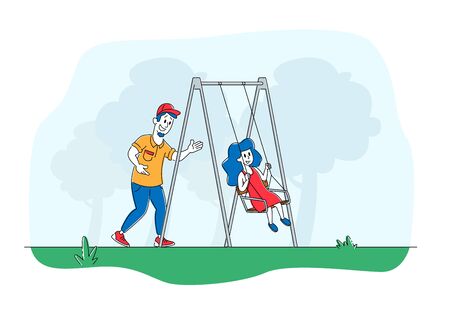 Father Swinging Child on Swing in Park or Playground. Happy Family Having Fun, Dad and Daughter Characters Walking in Yard, Spend Time Outdoors in Summer Vacation. Linear People Vector Illustrationのイラスト素材
