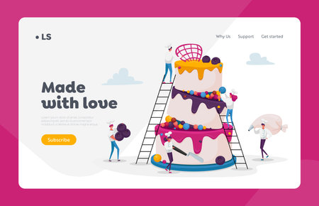People Cook Festive Cake with Cream and Berries Landing Page Template. Tiny Chef Characters...