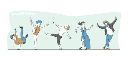 Male and Female Characters Wearing Stylized Costumes Dance Modern Dances. Group of People at Disco Party or Training Class. Happy Men or Women Clubbing, Performing. Linear People Vector Illustrationのイラスト素材
