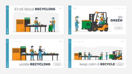 Litter Industry Landing Page Template Set Characters Work on Waste Recycling Plant with Containers for Garbage Separation and Forklift Truck to Reduce Eco Pollution. Linear People Vector Illustrationのイラスト素材