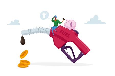 Petrol Economy, Car Refueling on Fuel Station. Tiny Character with Piggy bank Sitting on Huge Pumping Gasoline Hose with Dripping Oil and Coins, Filling Automobile Service. Cartoon Vector Illustrationのイラスト素材
