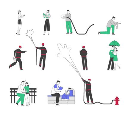 Set of Male and Female Characters Using Gadgets, Firefighters Fighting with Fire, Couple Walking under Umbrella in Rain. Man Woman Kissing, Father Read Book to Child. Linear People Vector Illustrationのイラスト素材