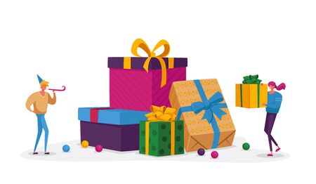 Happy People Carry Gift Boxes Wrapped with Festive Bow. Male and Female Characters Prepare Presents for Family and Friends on Boxing Day Holidays or Birthday Celebration. Cartoon Vector Illustrationのイラスト素材