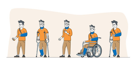 Injured Male Characters Stand in Row. Man on Wheelchair with Bandaged Head, Patients with Broken...