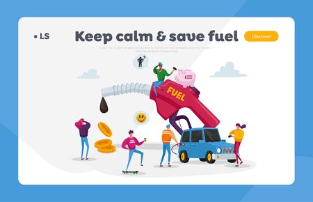 Petrol Economy, Car Refueling on Fuel Station Landing Page Template. Tiny Characters around Huge Pumping Gasoline Hose. Oil Filling Service, Automotive Industry. Cartoon People Vector Illustrationのイラスト素材