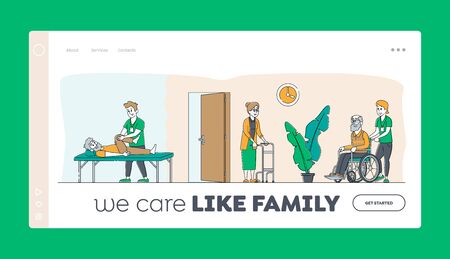 Help Old Disabled People in Nursing Home Landing Page Template. Social Worker Care of Senior Characters on Wheelchair, Skilled Nurse Healthcare, Physical Therapy Service. Linear Vector Illustrationのイラスト素材