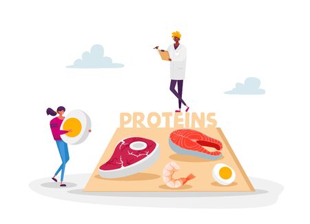 Character Bring Protein Products for Keto Diet. Male Doctor Nutritionist in White Robe Holding Clipboard Writing Notes. Dietology Science, Healthy Nutrition Concept. Cartoon People Vector Illustrationのイラスト素材