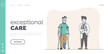 Rehabilitation Disabled Physiotherapy Landing Page Template. Injured Man Character with Physical Injures Speak to Doctor. Correction of Lost Physical Body Abilities. Linear People Vector Illustrationのイラスト素材