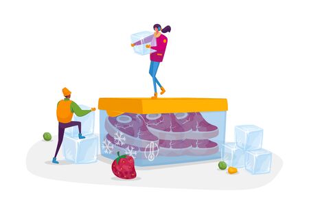 Tiny Male and Female Characters with Ice Cubes in Winter Clothing Stand on Huge Container with Frozen Meat. Products Refrigeration, Food, Fresh Berries, Vegetables. Cartoon People Vector Illustrationのイラスト素材