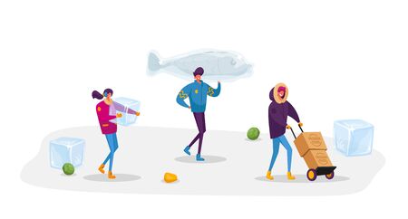 Tiny Male and Female Characters Carry Huge Frozen Fish and Box with Products with Ice Cubes around. Healthy Refrigerated Food. People Freezing Production for Long Storage. Cartoon Vector Illustrationのイラスト素材