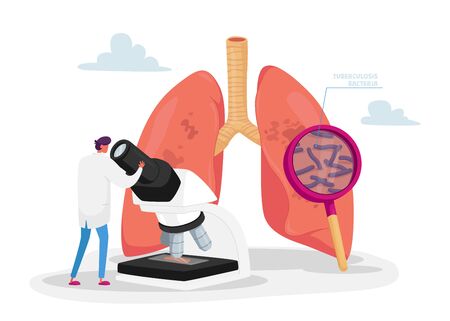 Tiny Doctor Character Watching to Microscope Learning Microbes, Checking Lungs Sputum on Pulmonology, Fibrosis Tuberculosis Pneumonia Bacteria and Germs, Cancer Diagnosis. Cartoon Vector Illustrationのイラスト素材