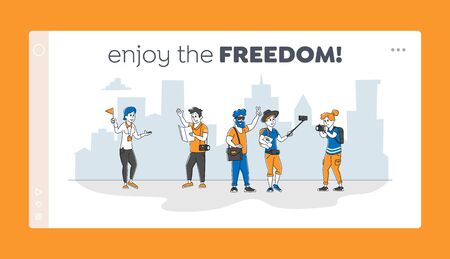 Foreign Journey Landing Page Template. Tourist Characters Visit Sightseeing with Guide Making Pictures on Photo Camera. Travel Agency Service, Traveling People on Excursion. Linear Vector Illustrationのイラスト素材