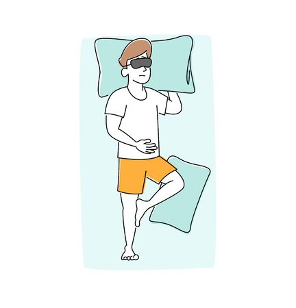 Night Rest and Bedding Time Concept. Man Wearing Pajama and Mask Sleep on Bed Lying on Back with Hand under Pillow. Male Character Sleeping in Relaxed Posture, People Poses. Linear Vector Illustrationのイラスト素材