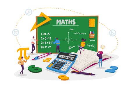 Math Science Concept. Tiny Male and Female Students Characters in Lab or School Class Learning Mathematics at Huge Blackboard. People Gaining Education and Writing Formula. Cartoon Vector Illustrationのイラスト素材