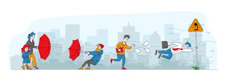 Characters Fighting with Strong Wind, Person Hanging on Road Sign, Man with Destroyed Umbrella Trying to Protect from Storm and Rain. Businessman with Scattered Docs. Linear People Vector Illustrationのイラスト素材