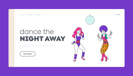 Disco Dance Landing Page Template. Girls Characters in Retro Suits Visit Night Club Dancing under Stroboscope Light. Friends Having Fun Leisure, People Nightlife Clubbing. Linear Vector Illustrationのイラスト素材