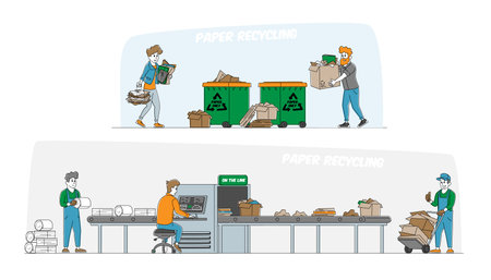 Sorting, Recycle and Segregation of Paper and Cardboard Trash Concept. Characters Throw Garbage to Litter Bins. Paper Waste Move on Conveyor Belt at Recycling Plant. Linear People Vector Illustrationのイラスト素材