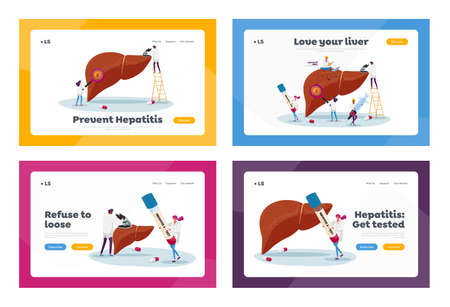 Medical Diagnosis Hepatitis B, Cirrhosis Landing Page Template Set. Tiny Doctor Characters Care of Huge Patient Diseased Liver, Health Care, Awareness, Treatment. Cartoon People Vector Illustrationのイラスト素材