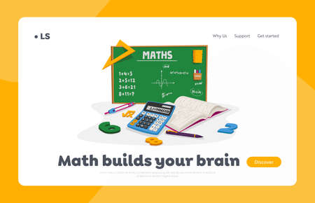 Mathematics Education and School Lesson Landing Page Template. Textbooks, Calculator, Pen and Compass with Digits around of Green Chalkboard with Tasks and Math Formulas. Cartoon Vector Illustrationのイラスト素材