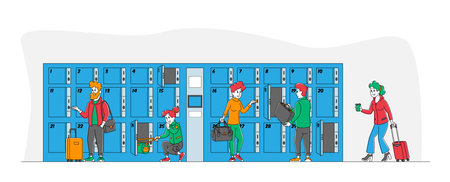 Male and Characters Use Luggage Storage Service Put Bags into Numbered Lockers in Airport or...