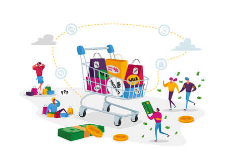 Buyers Characters at Seasonal Sale or Discount. Cheerful Tiny Shopaholic People around Huge Trolley with Purchases and Gifts. Happy Men Women with Packages, Shopping Fun. Cartoon Vector Illustrationのイラスト素材