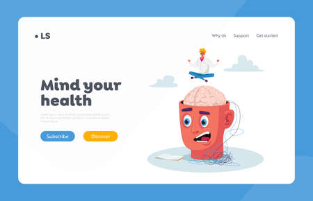 Mental Disease, Mind Problems Landing Page Template. Psychiatrist Tiny Character Meditating above Huge Human Headのイラスト素材