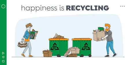 Waste Sort, Recycle and Segregation Landing Page Template. Characters Carry Piles of Paper Documentsのイラスト素材