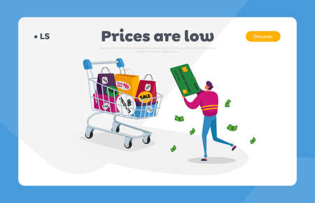 Total Sale Landing Page Template. Tiny Male Shopper Character Holding Huge Credit Card with Money. Happy Man Shoppingのイラスト素材