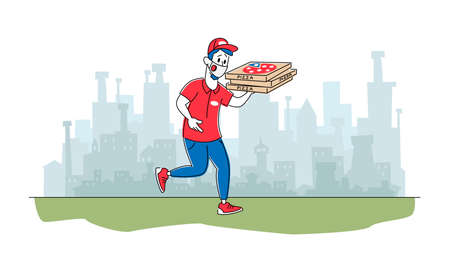 Pizzeria Courier Character Wearing Mask Delivering Pizza to Customers. Air Pollution Gas Emission in City, Food Deliveryのイラスト素材