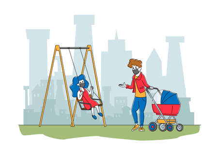 Mother with Kids in Face Masks Live in Polluted City Walking on Street. Fine Dust Air Pollution, Coronavirus Pandemicのイラスト素材