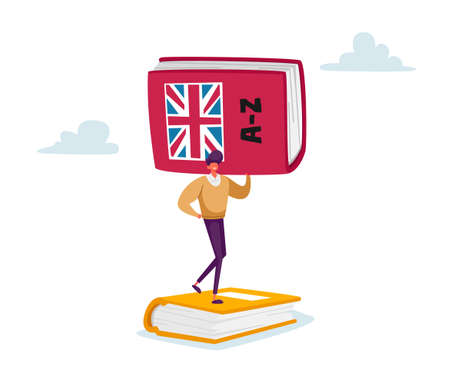 Grammar, Foreign Language Education. Tiny Male Student or Teacher Character Holding Huge English Language Dictionaryのイラスト素材