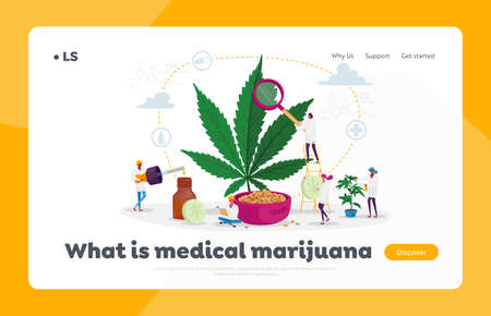 Marijuana Medicine Landing Page Template. Scientist Characters Growing Medical Cannabis Preparing Homeopathic Cannabisのイラスト素材