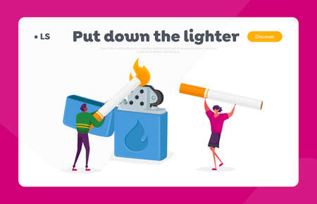People Smoking Landing Page Template. Tiny Characters Light Cigarette from Huge Burning Lighter, Smoking Addictionのイラスト素材