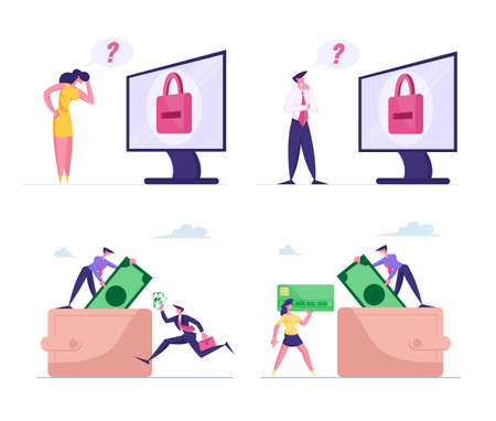 Set of Characters Trying to Remember Password from Computer Account. Tiny Business People Bringing Money in Huge Walletのイラスト素材