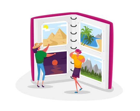 Summer Time Vacation, Memory After Trip. Tiny Women Look Traveling Pictures in Huge Photo Album, Tropical Beach Resortのイラスト素材