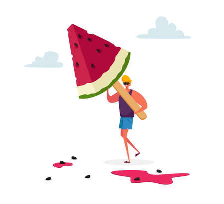 Tiny Male Character Carry Huge Watermelon Ice Cream  on Wooden Stick. Summer Delicious Sweet Dessert, Cold Treatのイラスト素材